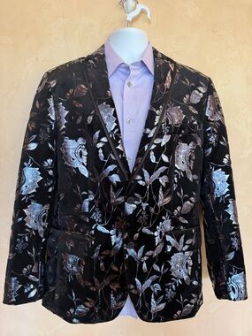 INC International Concepts Black Velvet Blazer with Silver Floral Pattern